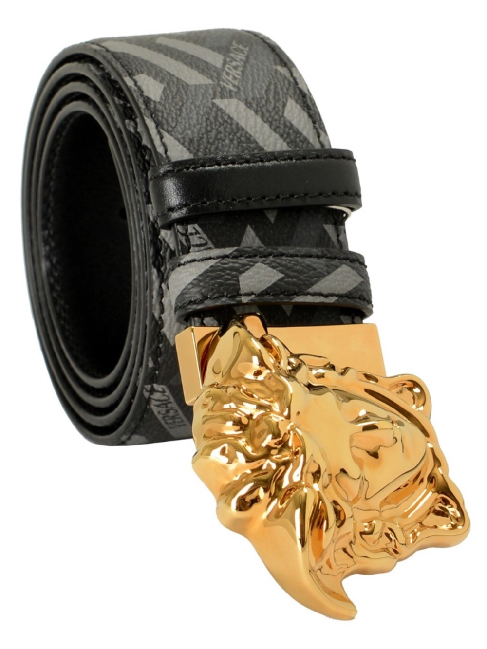 Versace La Medusa Black Greca Greek Key Gold Logo Leather Reversible Belt
